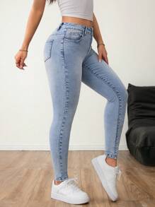 SHEIN PETITE 女式基本款口袋修身休闲百搭牛仔裤 返校秋季女装 商务休闲女式牛仔裤 - 藍色 - 查看 4