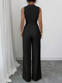 Elenzga 新款优雅休闲领口双排扣系腰女式连体裤，无袖修身款，春夏 - 黑色 - 查看 2