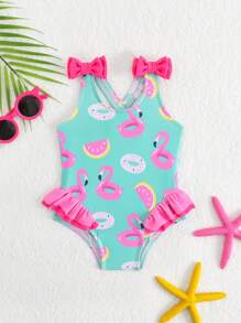 Wborn Newborn Swimsuit, Flamingo & Donut Green Printed Knit Fabric Ruffled Romper Swimwear, Shoulder Double Bow Design, Girls Fashion Casual Elegant Suitable For Swimming, Vacation, Summer Flamingo Swimsuit Baby Girl Swimsuit Toddler Swimsuit Toddler Girl Swimsuit Babygirl Swim Suit