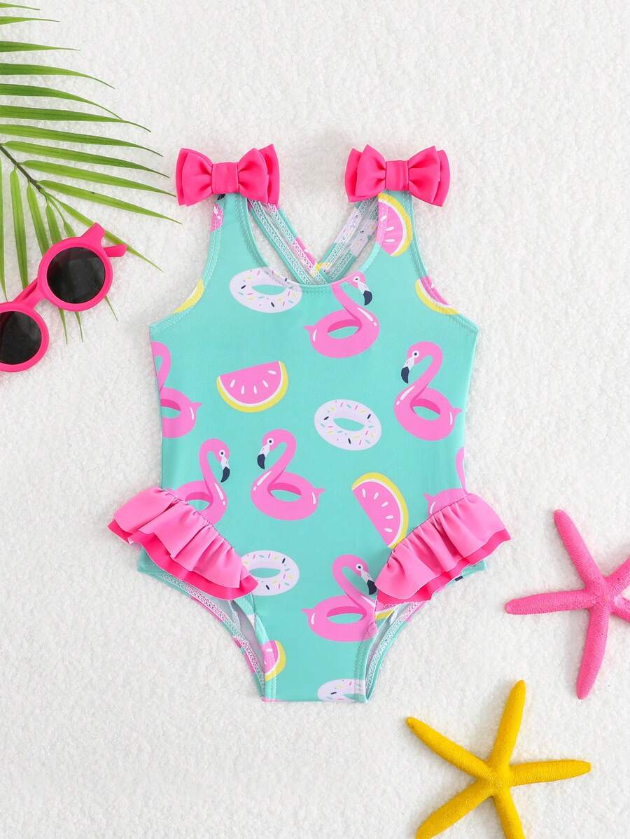 Wborn Newborn Swimsuit, Flamingo & Donut Green Printed Knit Fabric Ruffled Romper Swimwear, Shoulder Double Bow Design, Girls Fashion Casual Elegant Suitable For Swimming, Vacation, Summer Flamingo Swimsuit Baby Girl Swimsuit Toddler Swimsuit Toddler Girl Swimsuit Babygirl Swim Suit