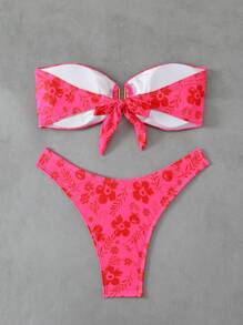 Swim Mod Women Floral Print Halter Split Bikini Swimwear Set For Summer Beach Vacation - Multicolor - View 2