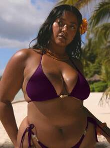 MUSERA 加大码露背金色圆盘细节系带三角比基尼上衣仅限春夏优雅度假伊比沙岛可爱泳装海滩性感