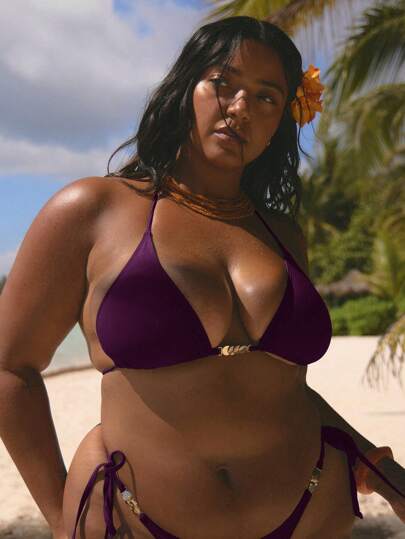 MUSERA Plus Size Halterneck Gold Disc Detail Tie Back Triangle Bikini Top Only Spring Summer Elegant Vacation Ibiza Cute Swimwear Beach Sexy Carnival Vacation