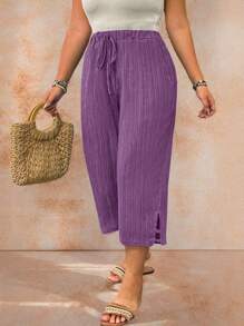 EMERY ROSE Plus Size Solid Color Split Elastic Waist Drawstring Loose Casual Women Pants - Purple - View 5