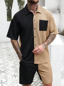 Manfinity Homme 男士夏季拼色短袖口袋衬衫和短裤休闲两件套 - 彩色 - 查看 1