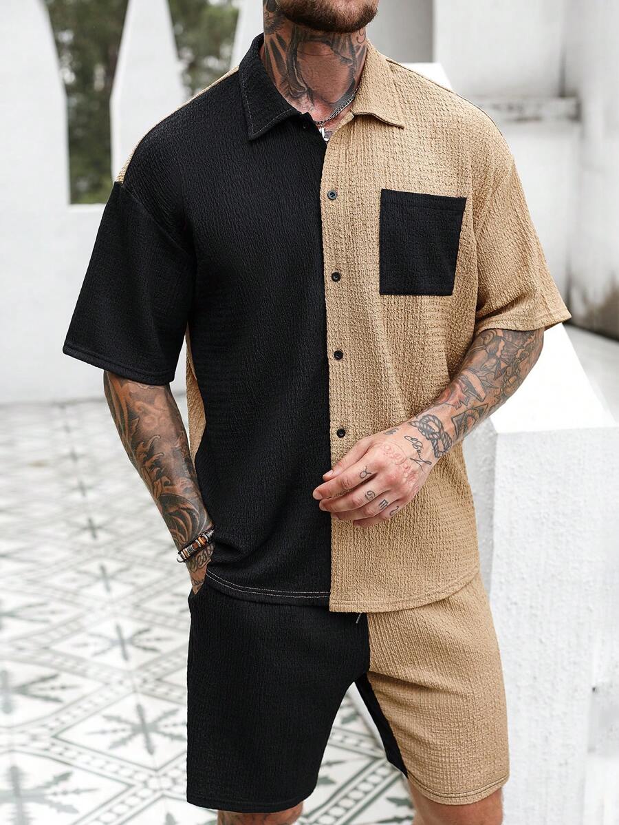 Manfinity Homme 男士夏季拼色短袖口袋衬衫和短裤休闲两件套 - 彩色 - 查看 1