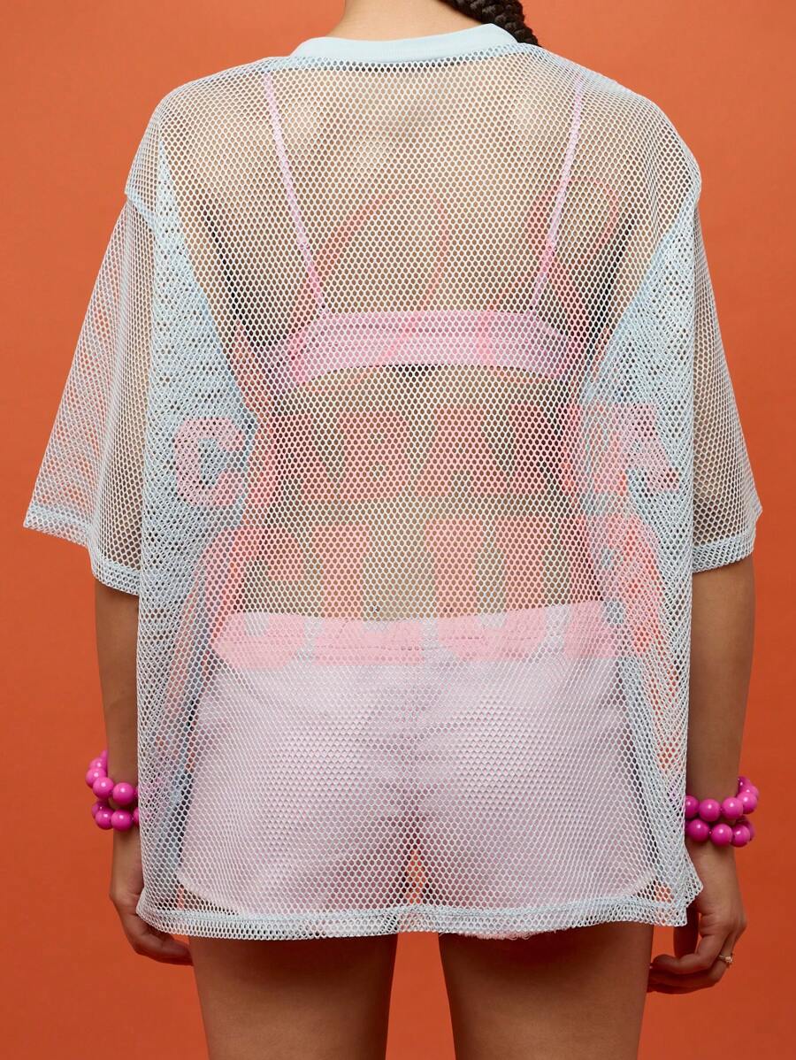 SUMWON WOMEN 轻盈夏季网眼沙滩罩衫 大学运动衫风格泳池泳衣上衣 节日沙滩装 度假必备 - 藍色 - 查看 1