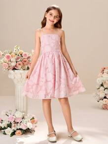 Vestido de niña preadolescente sin mangas de unicolor tejido - Rosa - Ver 5
