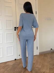 SHEIN 纯色休闲落肩短袖长裤女士睡衣套装 - 霧霾藍 - 查看 2