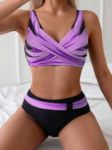 Swim Lushoire Contrast Color Bikini Swimwear For Summer Beach Vacation - Purple - View 1