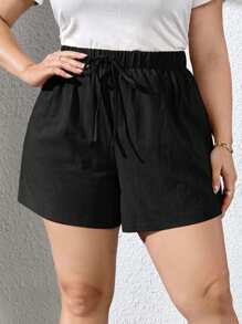 Hourglow Plus Size Women's Black Casual Textured Shorts With Waist Tie For Spring/Summer, For Hourglass Body Shape - Black - View 7