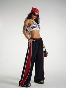 StreetHx Women's Street Style Oversized Loose Patchwork Color Pants - Black - View 5