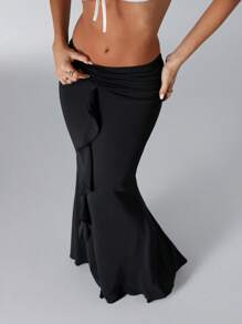 SHEIN Unity Elegant Solid Color Low Waist Maxi Fish Tail Skirt Fall Cloth For Women - Blue - View 3