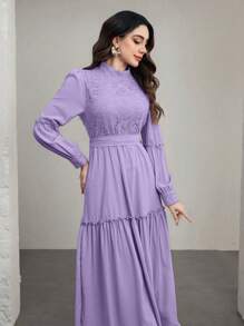 Graceveil Women's Solid Color Lace Splicing Stand Collar Long Sleeve Elegant Dress