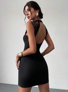 Firerie Women's Elegant, Romantic, Sexy Lace Hollow-Out Black Contrast Mesh Sleeveless Stand Collar Backless Mini Bodycon Dress, Suitable For Prom, Graduation, Music Festival, Summer