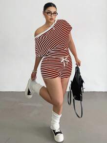 POPSWAY Bộ đồ ngủ 2 món áo trễ vai kẻ sọc và quần short rút dây cỡ lớn cho nữ - Cà phê nâu - Xem 6