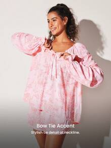 LUVLETTE 柔软人造丝度假风花卉图案灯笼褶边长袖上衣和短裤家居服透气睡衣套装带口袋裤子新娘内衣，平角裤套装，春夏配套套装婚礼用品 - 粉色 - 查看 8