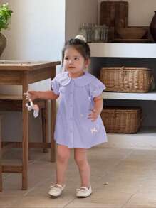 SHEIN Babykleid Sommerstil süß mit rosa Peter Pan Kragen Schleife Kurzarm