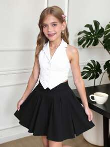 SHEIN Blusa sin mangas de chaleco con cuello para niñas preadolescentes en color blanco puro