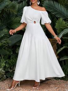 SHEIN Lady 大码女式长款纯色连衣裙 不对称肩部简约时尚夏季女装 夏季女装 女士夏装 女士太阳裙 女士服装 女士连衣裙 女士沙滩装 大码连衣裙