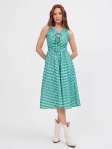 WESTFADE Vestido maxi bohemio de estilo campestre y occidental con estampado de flores y cuadros, escote en V profundo, lazo delantero, cuello de halter, espalda descubierta, vaporoso, ideal para vacaciones de primavera en la playa, rodeo y estilo europeo - Verde - Ver 2