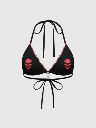 Goth Gothic Skull Lace Metal Buckle Cross Charm Strap Triangle Cup Bralette