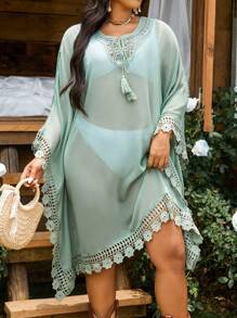 SHEIN Swim Curve Blusa holgada de manga larga tipo cubretodo de playa para mujer de tallas grandes - Verde - Ver 1