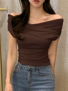 DAZY Women Solid Color Off-Shoulder Short Sleeve T-Shirt, Spring/Summer - Brown - View 3