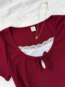 Teens Girls Spring Summer Valentine's Day, Casual Home, Clean Girl, American BM Style, Y2K, Burgundy And White Color Block Ribbed Knit Lace Ruffle Bowknot Fitted Short Sleeve T-Shirt Red Tops For Teen Girls Cute Tops Teen Girl Red Ribbed Top