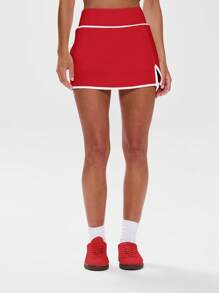 Musera Sport Low Rise Contrast Trim Skirt Skort Active Workout Gym Fitness - Red - View 2