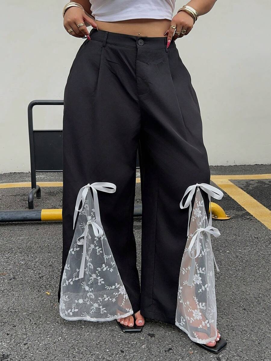 SHEIN MOOSTA Plus Size Women's Black Casual Lace Patchwork Tie-Up Straight Leg Pants Fall Cloth For Women