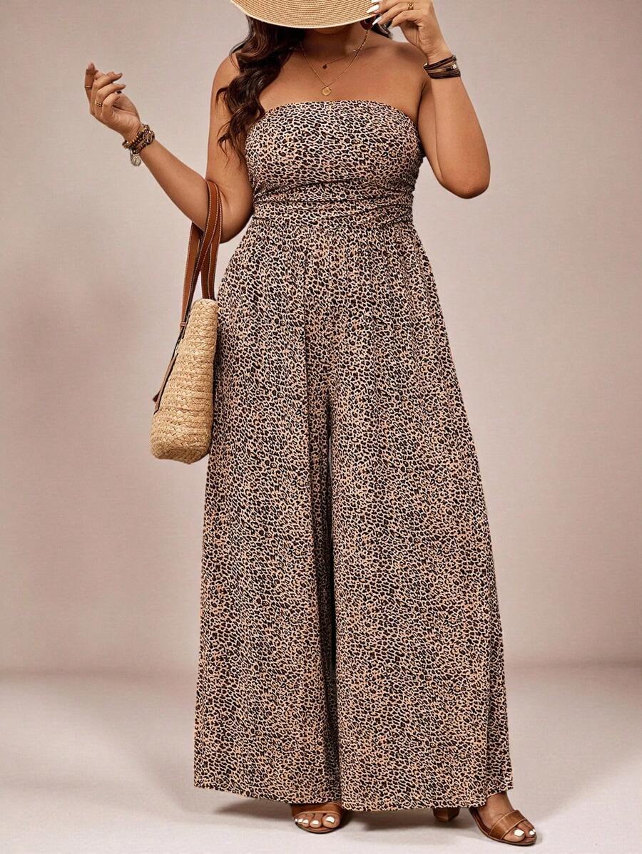SHEIN VCAY Mono con escote de halter con estampado de leopardo de talla grande, estilo casual de vacaciones