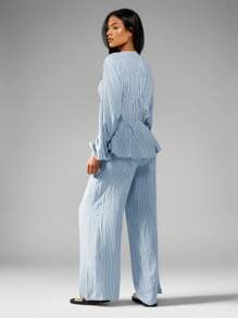 MISSGUIDED Long Sleeve Ruched Corset Style Tie Front Wide Leg Palazzo Lounge Pant Blouse Co Ord Vacation Summer Resort Wear - Blue - View 2