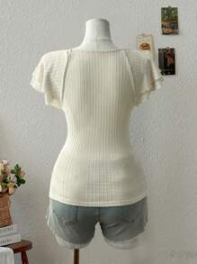 Cévolie 女士纹理针织弹力荷叶边袖T恤 - 杏色 - 查看 2