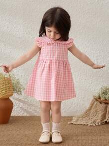 Blossori Baby Girls Countryside Vacation Pink Plaid Ruffle Collar Dress - Multicolor - View 4