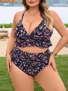 SHEIN CURVE+ Plus Size Women's Ditsy Floral Deep V Fresh Casual 2 Pieces Set For Summer Beach Vacation - Multicolor - View 5