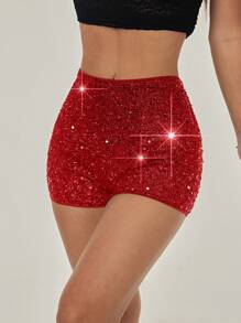 SHEIN PETITE Pantaloncini aderenti da donna con decorazioni in paillettes, adatti per l'estate