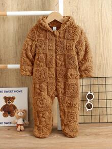 SHEIN 新生儿男女宝宝可爱卡通图案毛绒连帽连体衣，保暖内衬，适合秋冬季室内外穿着，泰迪熊图案，婴儿服装，秋季款 - 卡其色 - 查看 7
