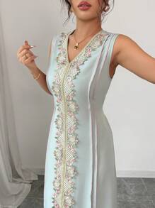 Elenzga Rochie elegantă fără mâneci, cu decolteu în V, brodată manual, verde, primăvară/vară - Verde - Vizualizare 5