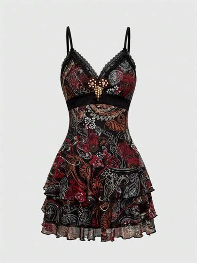 Hippie فستان قصير مميز بنقوش الباييت والألوان القديمة للنساء، ذو طبعة بسايلي وكشكش وشريط مطرز على هيئة رداء هيبي