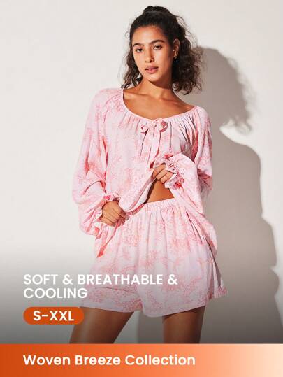 LUVLETTE Conjunto de pijama holgado de manga larga con volantes y pantalones cortos con estampado floral de raión suave para vacaciones, con bolsillos. Conjunto de ropa interior nupcial, boxer, juegos a juego de primavera y verano para artículos de boda