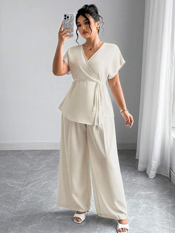 Elenzga Plus Size Women V-Neck Criss-Cross Tie Front Top With Elastic Waist Wide Leg Pants Elegant Casual Suit