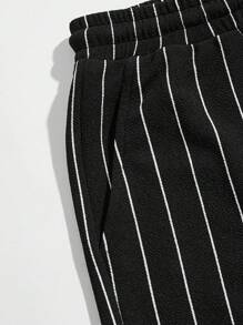 EASEVO 大码男士休闲日常针织黑白竖条纹短裤，适合夏季 - 黑色 - 查看 6