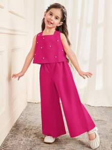 SHEIN Young Girl Elegant Sweet Cute Gathered Round Neck Bow Decorated Pearl Sleeveless Shirt Top And Wide Leg Solid Color Pants Set, Red - Hot Pink - View 3