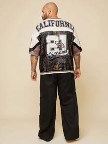 EASEVO Plus Size Men Summer Casual Numeric & Letter Printed Crew Neck Patchwork Short Sleeve T-Shirt, Grunge Style