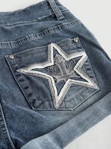 ROMWE Avant 女士Y2K性感星形低腰牛仔短裤 - 寶藍色 - 查看 4