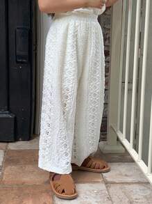 Hapijoa Young Girls Lace Embellished Casual Loose Wide-Leg Summer Mori Style Pants - White - View 4