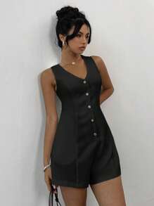 Rafferiza 女式 V 领收腰 A 字连体裤，休闲优雅简约风格 - 黑色 - 查看 4