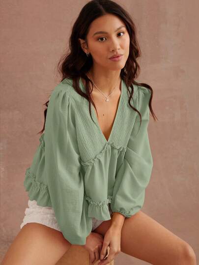 WESTFADE Western Mixed Media gebreide en geweven V-hals babydoll met lange mouwen en cowgirl top