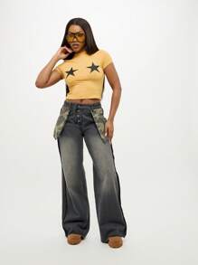 SUMWON WOMEN Wide Leg Denim Jeans Camouflage Patch Inside Out Pockets High Rise Y2K Fashion Fall Winter Streetwear Statement Pants - Black - View 5